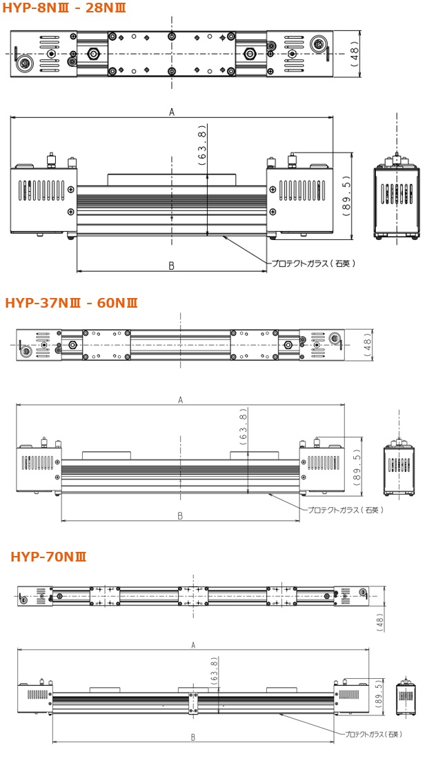 平行照射タイプ HYPシリーズ(水冷式)寸法図